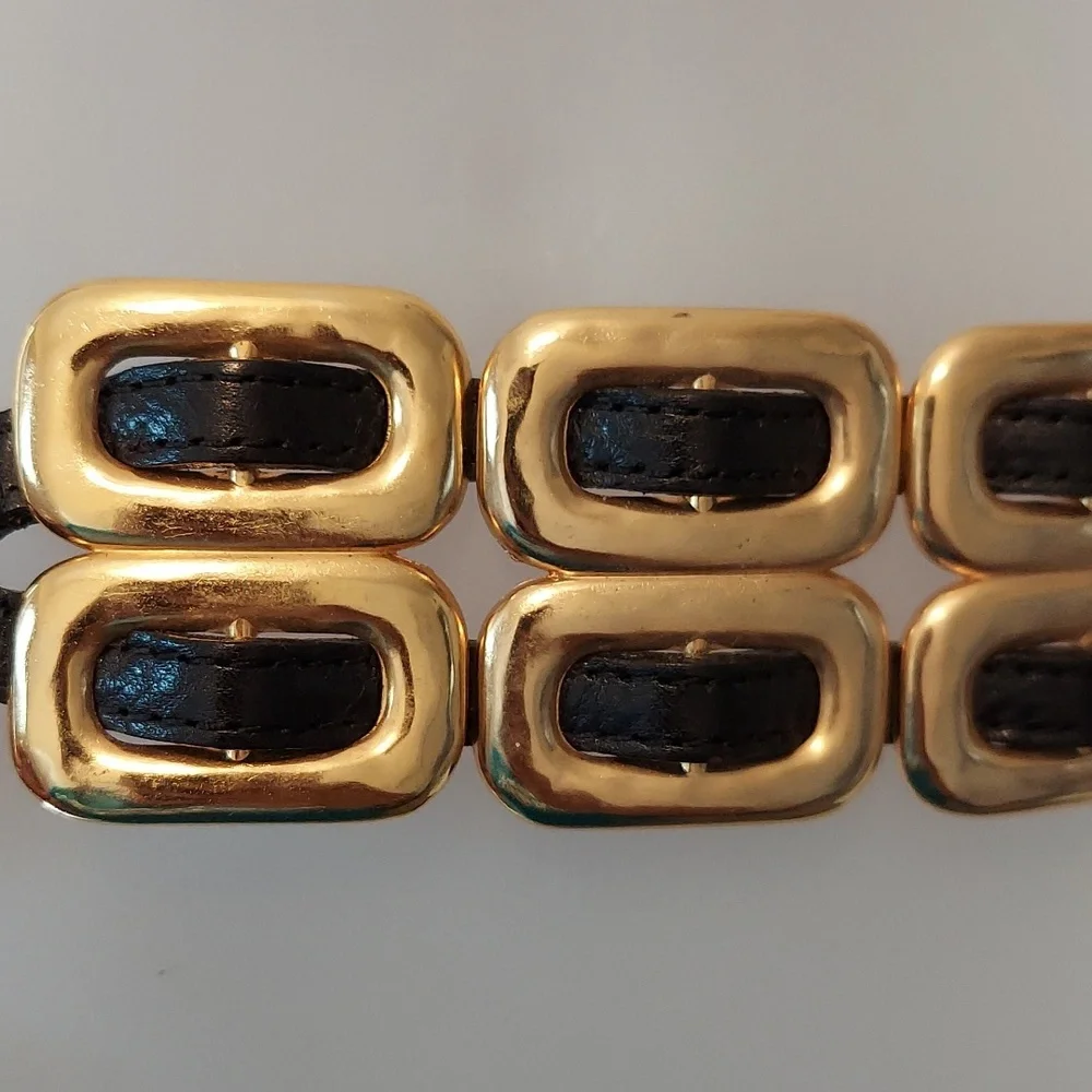 Vintage Late 1980s/Early 1990s Gold Chain & Woven Black Leather Double Link Belt - Picture 6 of 16